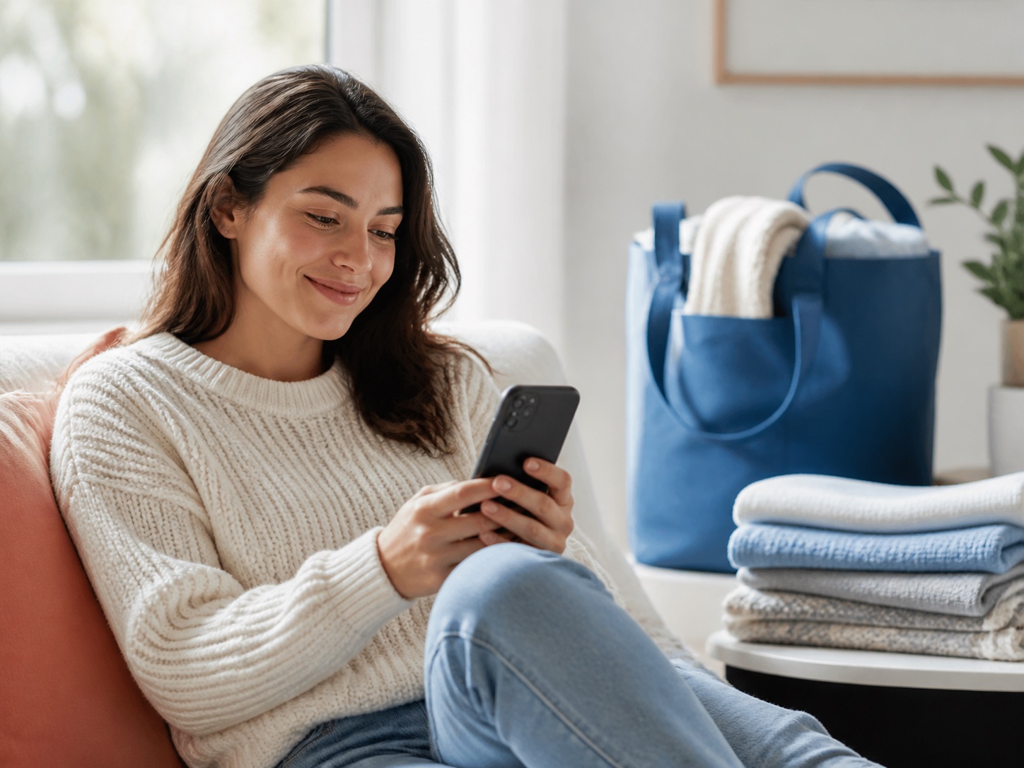 A customer managing their account on a phone beside clean laundry