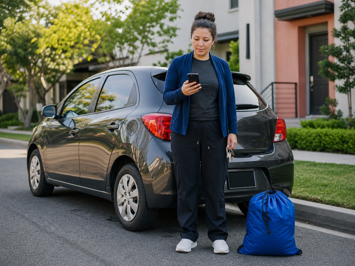 An independent provider safely checking work access beside a parked vehicle