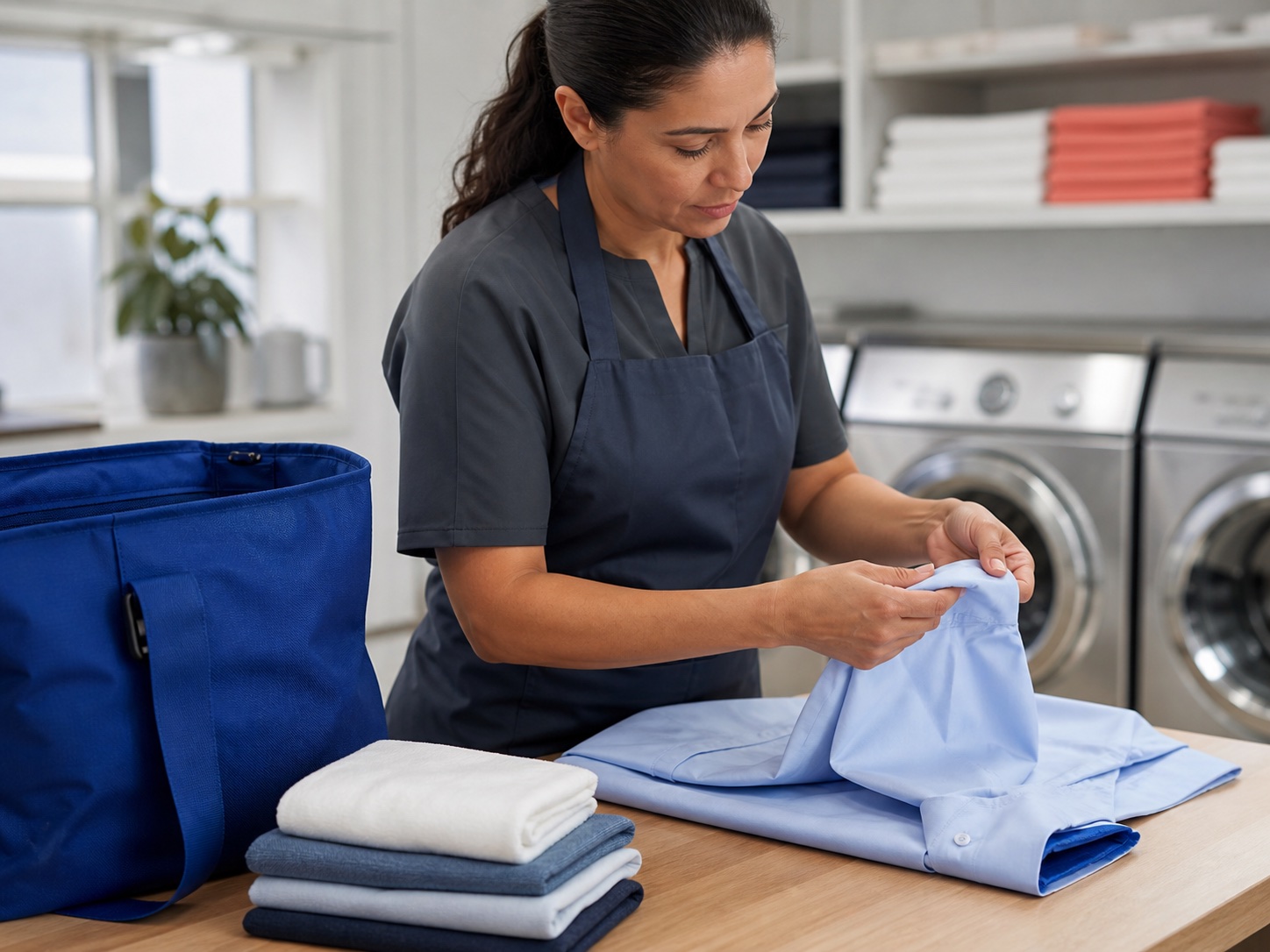 An independent provider carefully inspecting and folding a customer garment