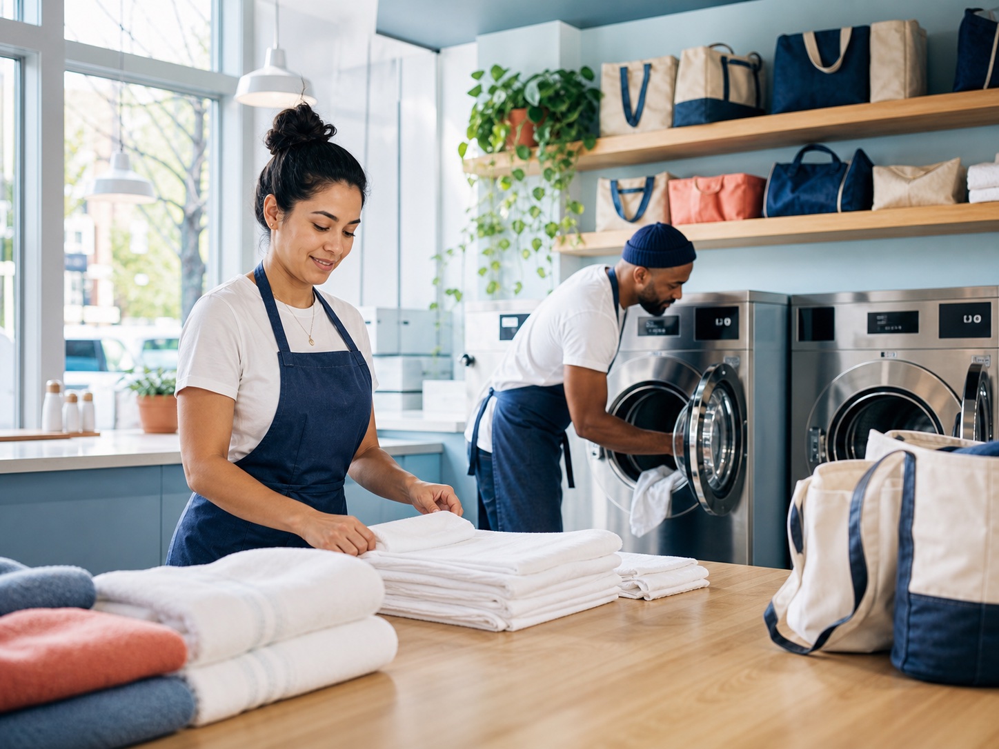 A storefront team folding laundry and managing commercial washing machines